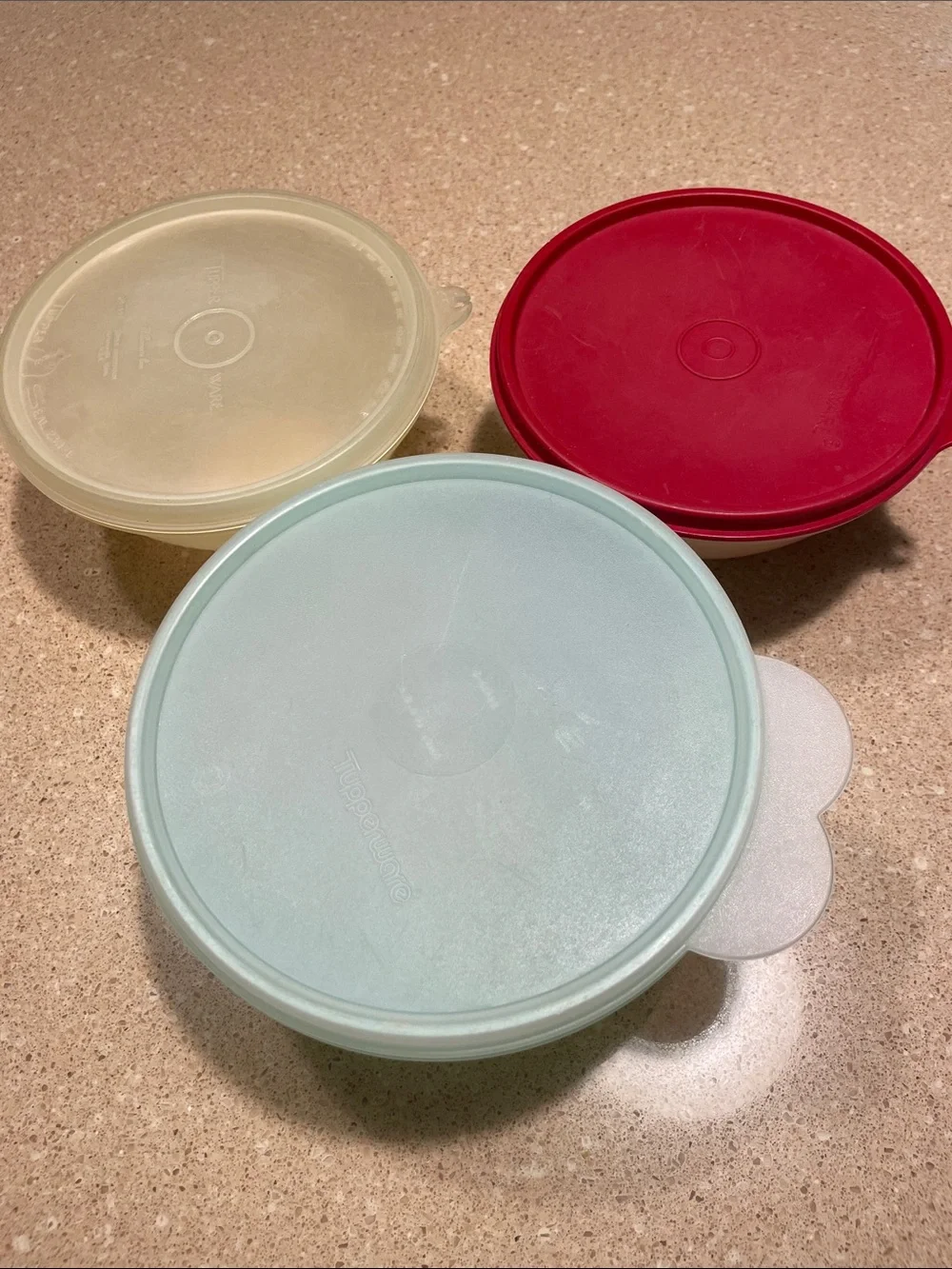 Vintage Tupperware Stackable Food Storage Bowls;Beige, Red, and Light Blue Lids